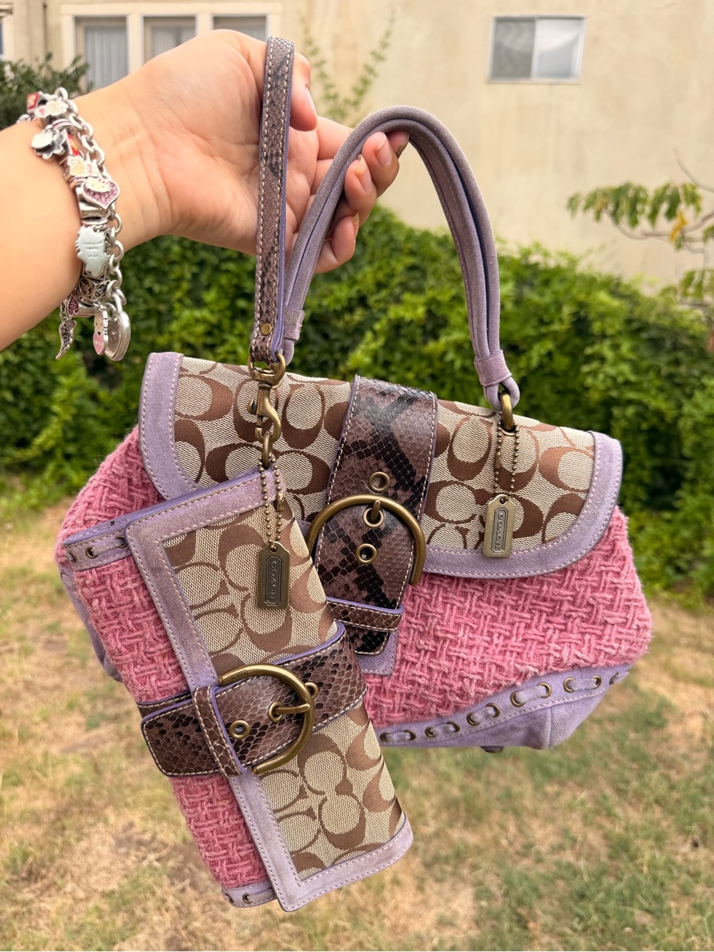 Vintage Coach Soho 9653 Pink Tweed Purple Suede Bag & Coach 9652 Wristlet Y2K